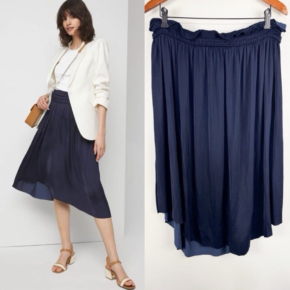 White House Black Market Smocked Midi Skirt Navy Blue Satin Size 14